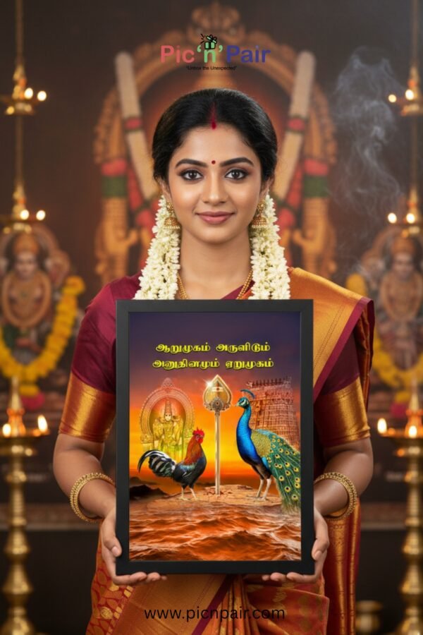 Lord Murugan Wall Photo Frame | Aarumugam Arulidam Anudhinamum Yerpugam Frame | 8x12 Size Black Frame - Image 6