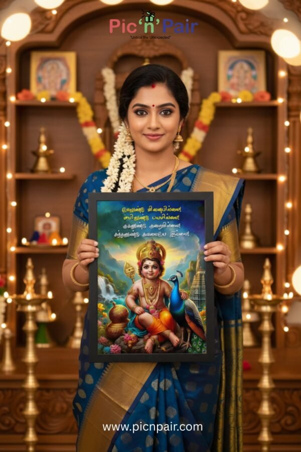 Bala Murugan Wall Photo Frame | Child Lord Murugan with Peacock & Temple | Velundu Vinaiyillai 8x12 Size, Black Frame - Image 6